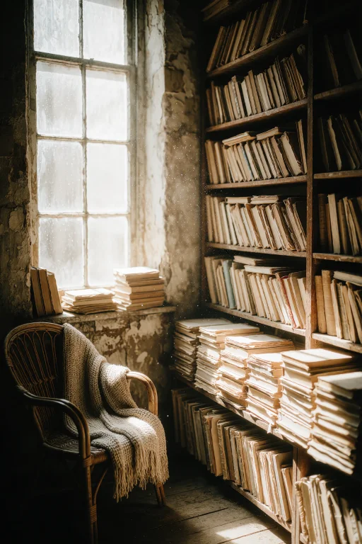 A Corner Of An Old Bookstore, Sunlight Slanting Through A Hi...
