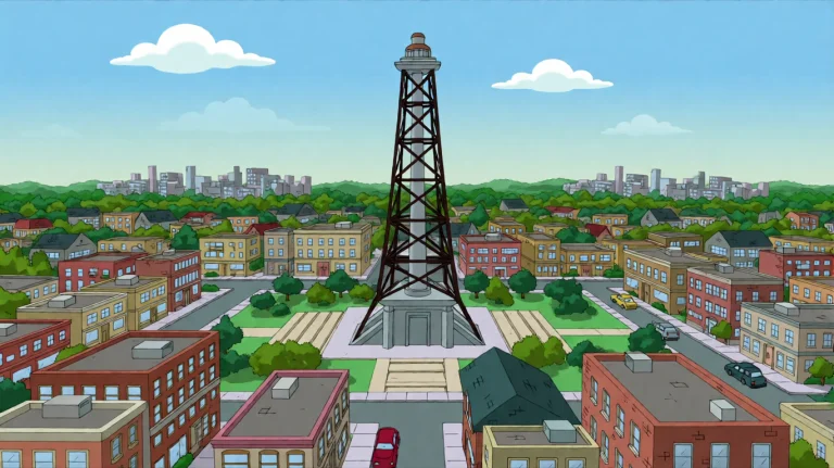 Fmlygyssn10, A Stylized, Cartoonish Cityscape Centers On A T...