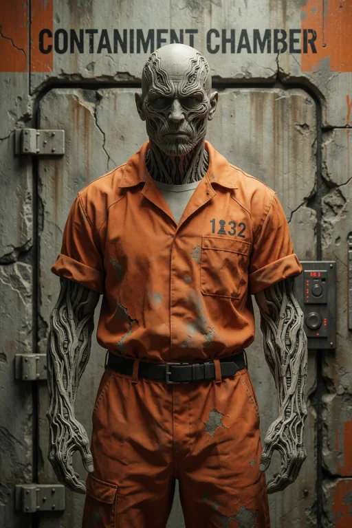 A Bald Man In A Stained Orange Jumpsuit Stands Before A Wall...