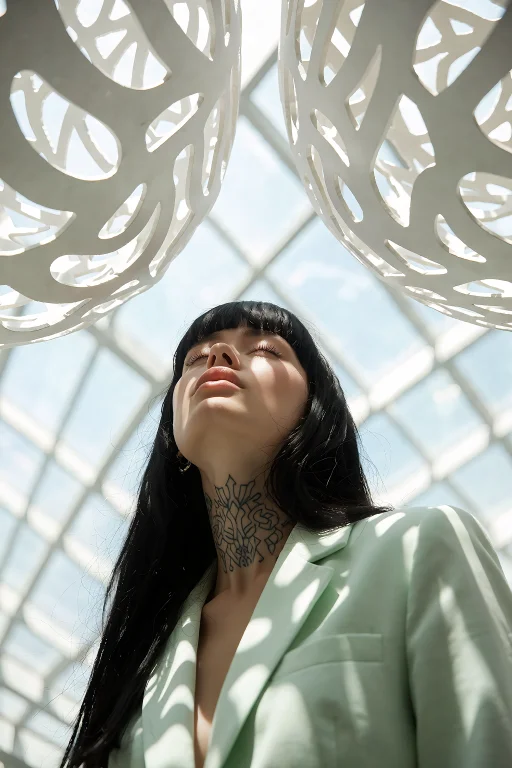 A Woman With Long Black Bangs And A Neck Tattoo Tilts Her He...