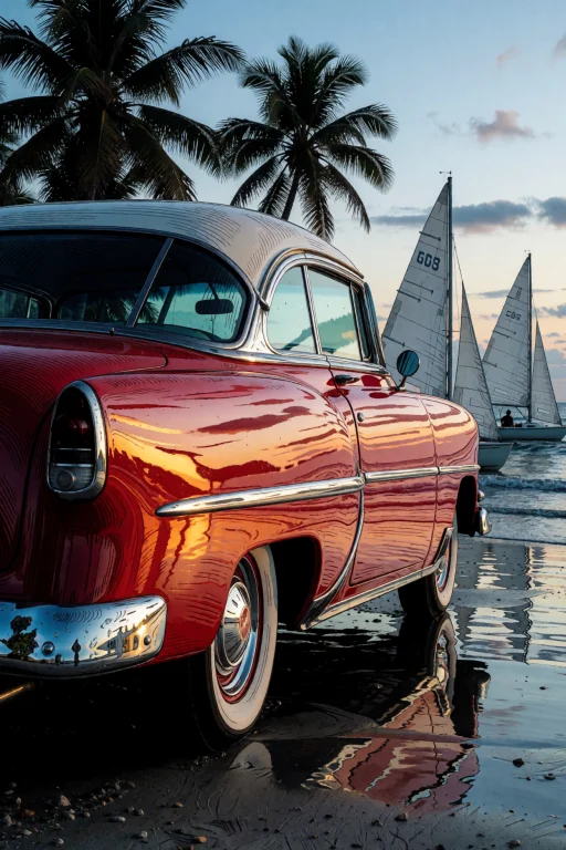 A Red 1950s Chevrolet Bel Air Sits On A Wet Beach At Dusk Wi...