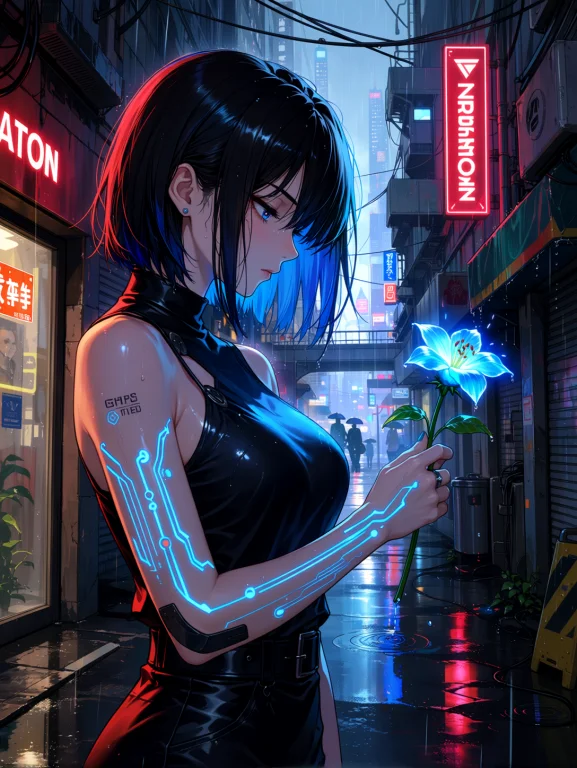 A Cybernetic Woman With Glowing Circuitry On Her Arm Holding...
