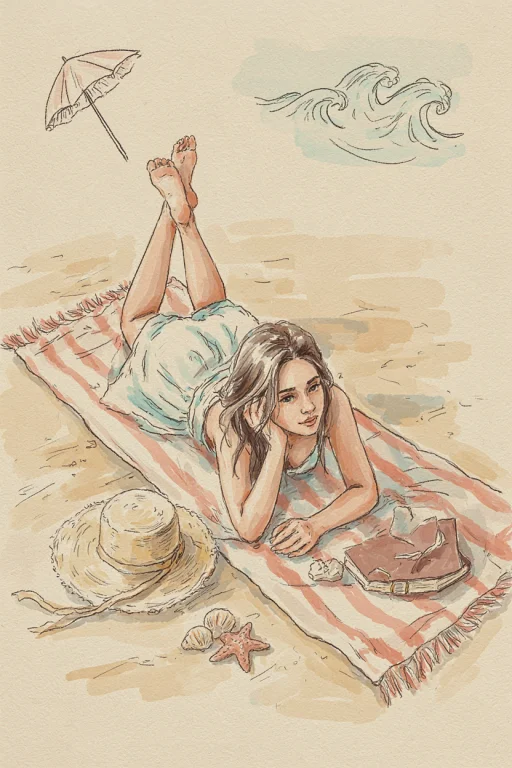 Stretched Out On Her Stomach On A Striped Towel, Ankles Cros...