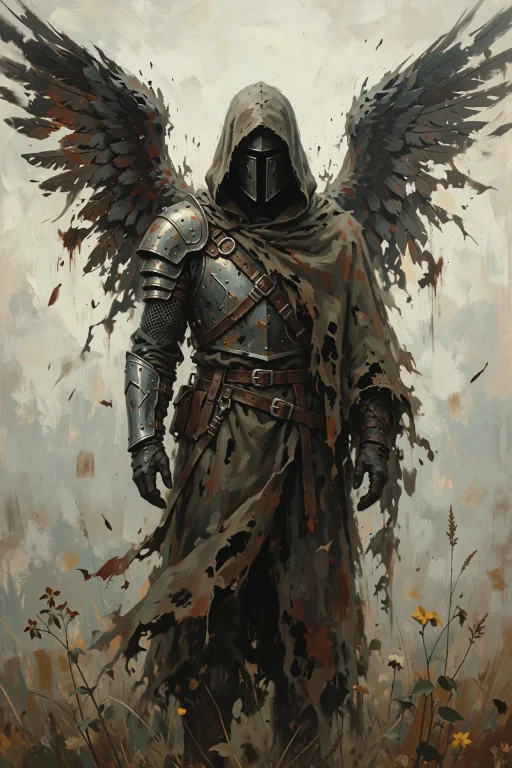 A Hooded Figure Stands With A Helmet Fused To Its Head And T...