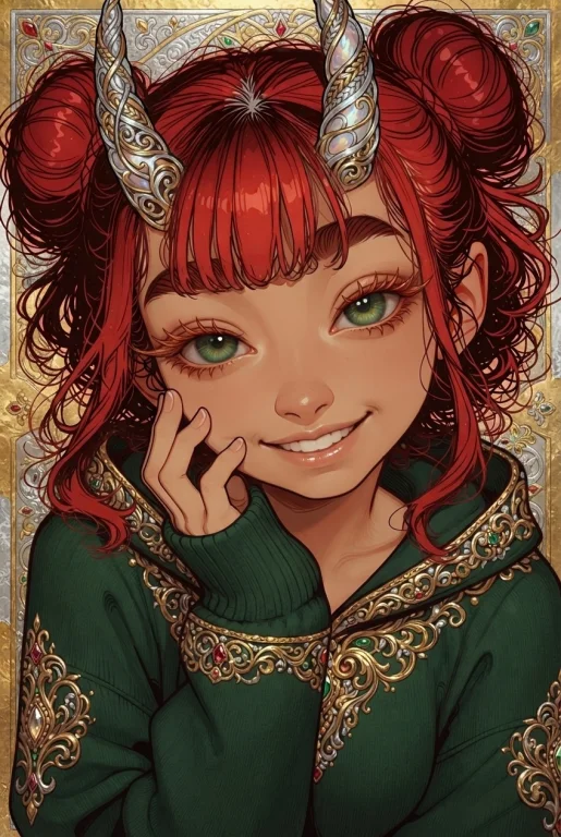 Tan Skin, Gold And Silver Horns, Green Eyes, Red Short Wild...