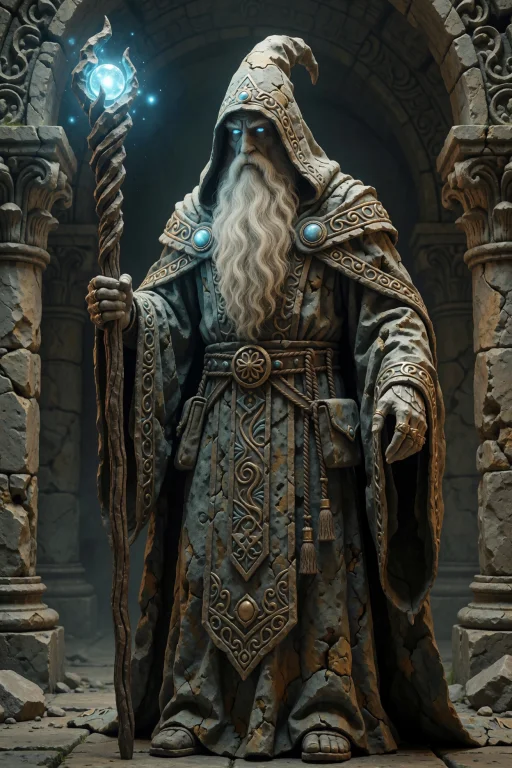 An Ancient Wizard With A Flowing White Beard Stands In A Dim...