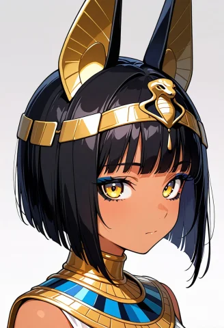 One Girl, Black Bob Hair, Black Eyeliner, Egyptian Clothes,... — Stable Diffusion AI Prompt: one girl, black bob hair, black eyeliner, egyptian clothes, looking at Viewer, f...