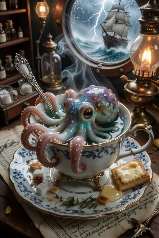 一只色彩斑斓的微型章鱼正栖息在一个盛满蓝绿色热饮的复古茶杯中...