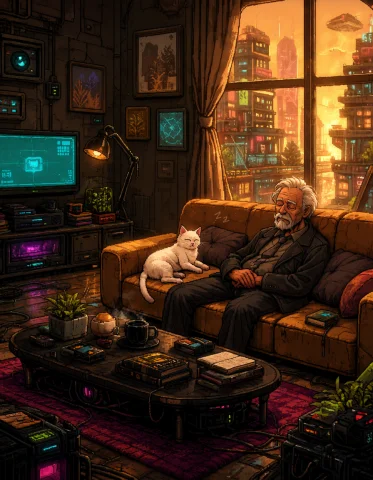 Loratraining2617621-20260929142346000-2wi71 Score9, Score8,... — Stable Diffusion AI Prompt: (score_9, score_8, score_7) z1os, living room, white cat. old man sleeping on a...