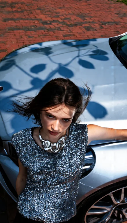 Young Woman With Windblown Dark Hair, Silver Sequined Top, C...