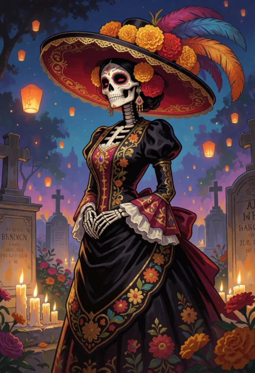 Stunning Female Catrina Skeleton In Elegant Victorian Dress...