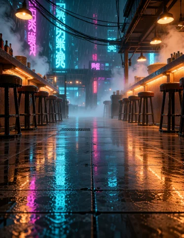 Cyb3r Qu4rt13r, Noodle Bar From Floor Level Down The Row Of... — Stable Diffusion AI Prompt: cyb3r qu4rt13r, noodle bar from floor level down the row of stool legs and count...