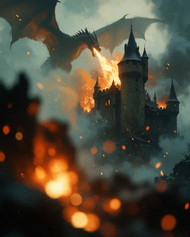 A Dark, Cinematic Fantasy Scene. A Massive Dragon Is Seen In...