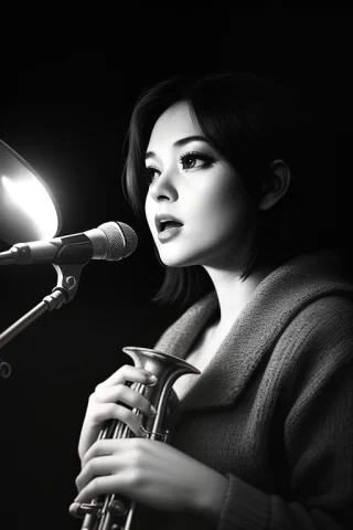A Jazz Singer Under A Single Stage Spotlight, Firelight, Duo... — Stable Diffusion AI Prompt: a jazz singer under a single stage spotlight, firelight, duotone, in deep winter...