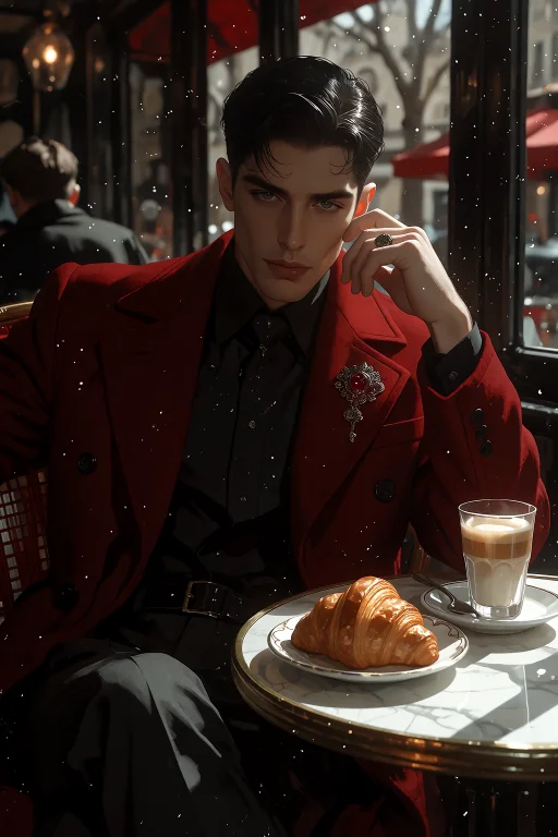 A Maroon Coat Of A Man Sitting, Adorned With A Vintage Brooc...
