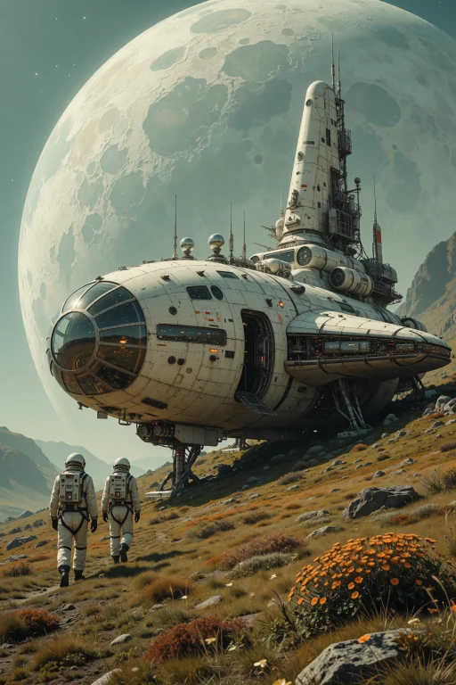 The White Spaceship Sits On A Hillside With Two Figures In S...