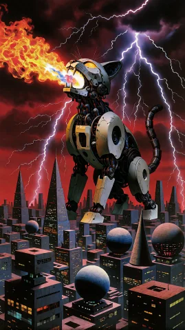 Super Wide Shot Of A Mechanical Cat, In A Towering Compositi... — Stable Diffusion AI Prompt: super wide shot of a mechanical cat, in a towering composition. The main subject...