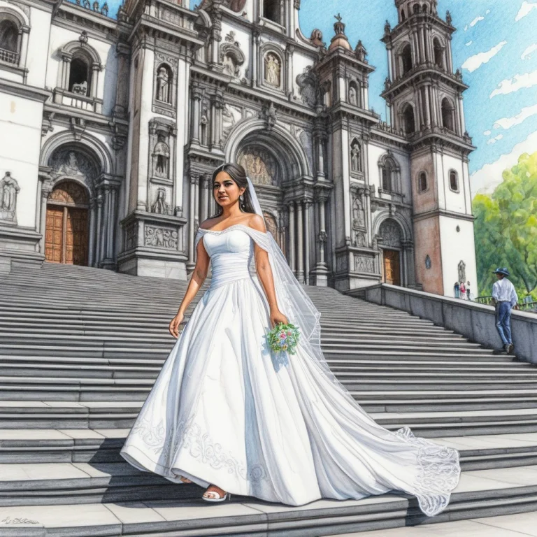 Colored Pencil Sketch, A Beautiful Latina In A White Wedding...