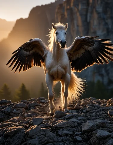 A Wide-angle, Cinematic Photograph Of A Wild Pegasus Taking... — SDXL AI Prompt: A wide-angle, cinematic photograph of a wild Pegasus taking flight from a jagged...