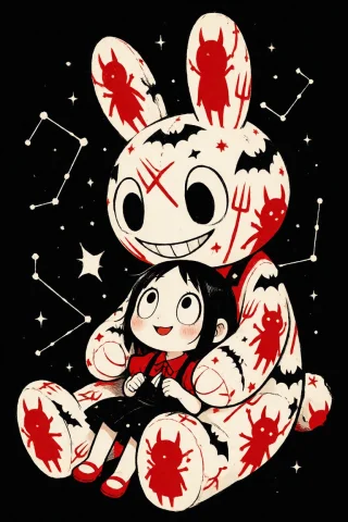 Decodaal, Cartoon Style, A Girl Sits Happily In The Lap Of A... — Stable Diffusion AI Prompt: DecoDaal, cartoon style, a girl sits happily in the lap of a stuffed bunny plush...