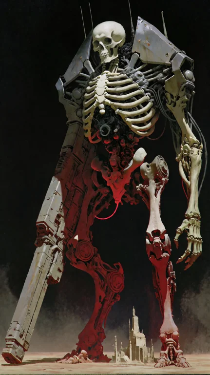 A Colossal, Biomechanical Entity Towers Over A Barren, Dusty...