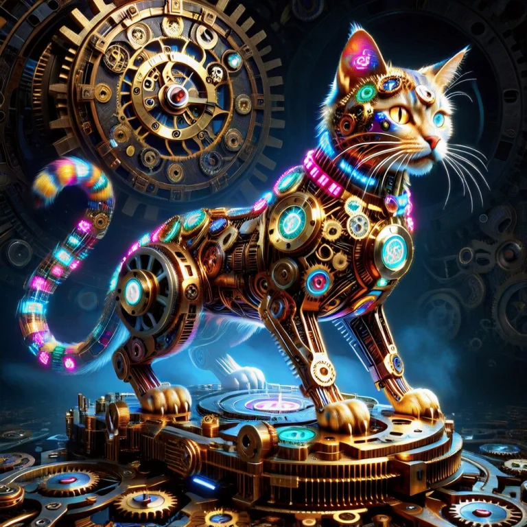 A Feline Biomechanical Cat Made Of Polished Brass Cogs, Meta...