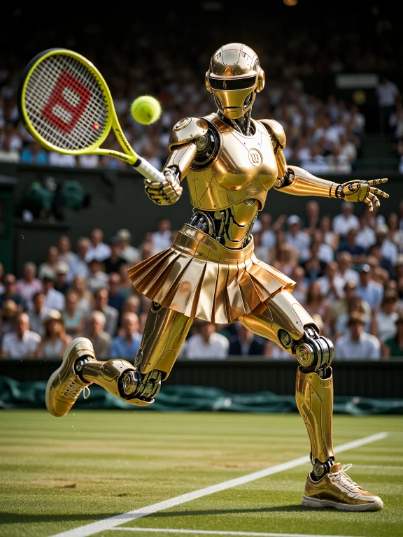 A Dynamic, Cinematic Shot Of A Humanoid Robot Tennis Player...