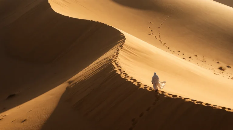 Solitary Figure In Flowing White Robes Walking Across Massiv...