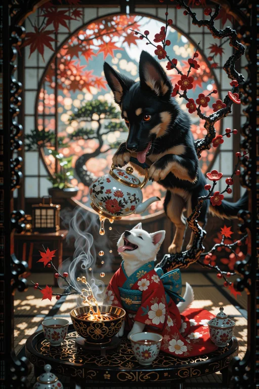 A Vertical, Hyper-detailed Scene Of A Serene Japanese Teahou...
