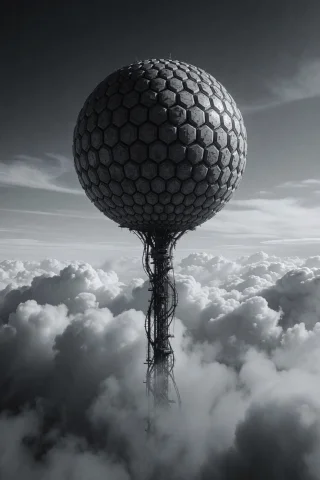 A Spherical Station With A Lattice Of Hexagonal Cells Floats... — Stable Diffusion AI Prompt: A spherical station with a lattice of hexagonal cells floats above clouds while...