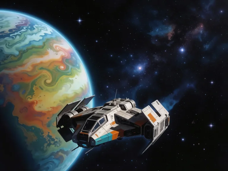 Spaceship Flying Near Colorful Planet Stars Nebula Space Sci...