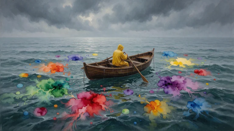 Oil Painting Of The Ocean On A Grey Rainy Day, Dark Clouds C...