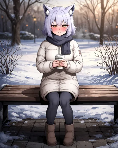 1.51.51.41.51.61.4 — Stable Diffusion AI Prompt: (她坐在公园的木条长椅上、她的身体朝向镜头、她的双腿并拢、她的双手捧着一个纸杯、...