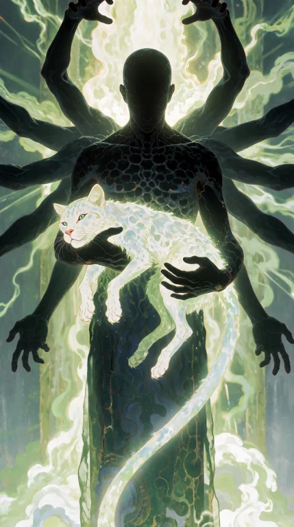 A Surreal Illustration Of A Glowing Humanoid Figure With Mul...