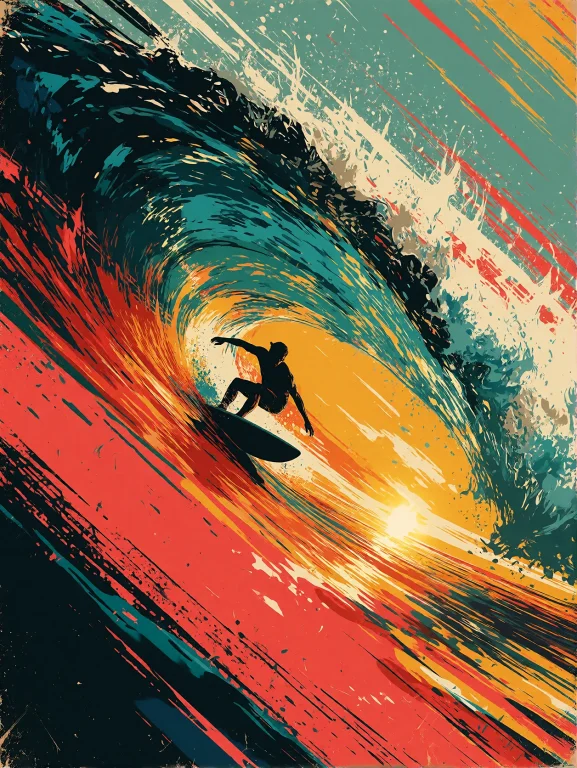 Minimalist Retro Screen Print Poster Of A Surfer Silhouette...