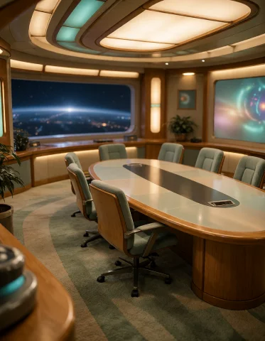 010 F3d3r4t10n Sh1p, Conference Room, Elevated Corner Angle... — Stable Diffusion AI Prompt: 010 f3d3r4t10n sh1p, conference room, elevated corner angle over oval table, rec...