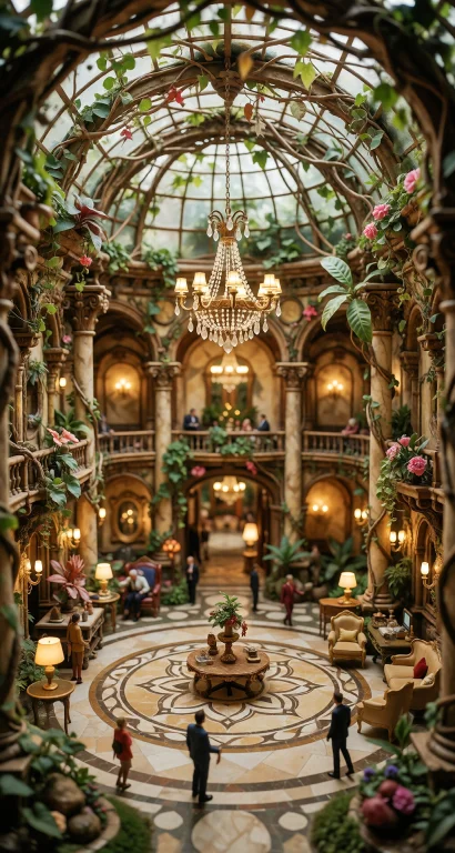 Whimsical Miniature World Depiction Of A Luxury Hotel Lobby...