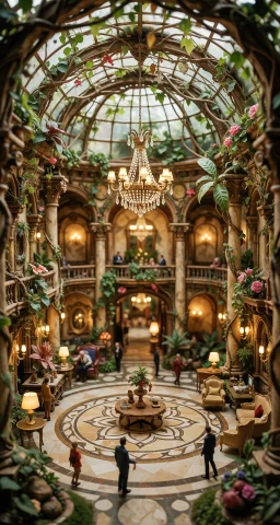 Whimsical Miniature World Depiction Of A Luxury Hotel Lobby... — Stable Diffusion AI Prompt: Whimsical miniature world depiction of a luxury hotel lobby in an artistic arbor...