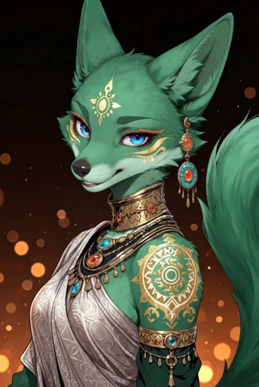 Gold Tattoo Markings, Silver Cloth, Green Fur, Green Tail. G...