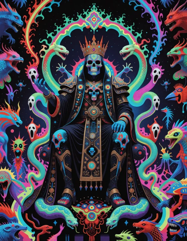 A Cosmic Skull Emperor Seated Inside A Frame Of Glowing Serp...