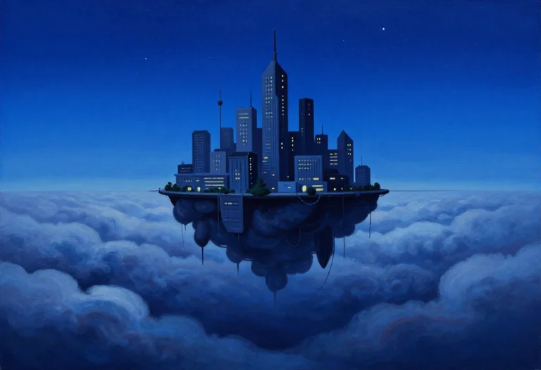 A Floating City Tethered Above Toxic Clouds, Gouache Paintin...