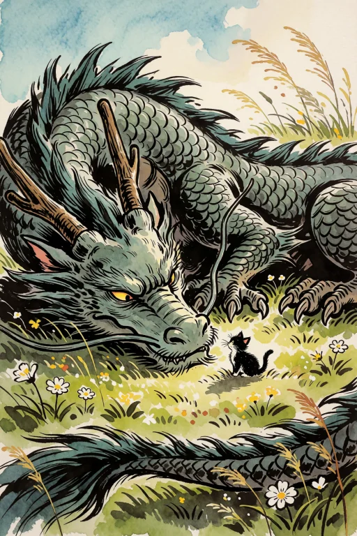 Colossal Dragon Lying On Its Side In A Sunlit Meadow, Its Ma...