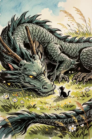 Colossal Dragon Lying On Its Side In A Sunlit Meadow, Its Ma... — Stable Diffusion AI Prompt: colossal dragon lying on its side in a sunlit meadow, its massive head resting o...