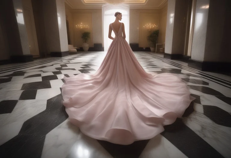 A Couture Dress Trailing Across A Marble Floor, Low Key Ligh...