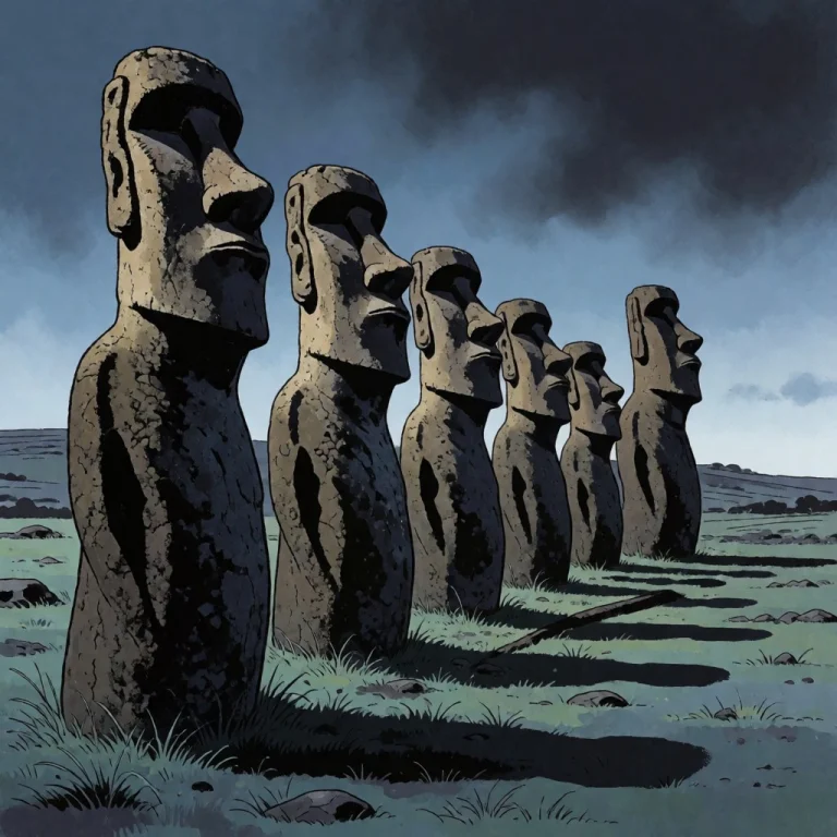 The Stone Head Statues Of Rapa Nui Easter Island. Standing I...