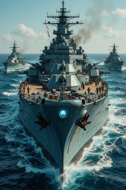 A Colossal Teal Warship With Glowing Blue Thrusters Dominate...