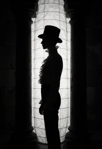 A High-contrast Black-and-white Cinematic Silhouette Of A Ta... — Stable Diffusion AI Prompt: A high-contrast black-and-white cinematic silhouette of a tall, thin figure wear...