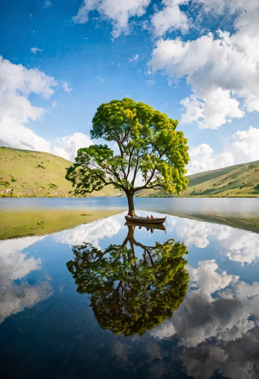 Amidst A Vast Open Landscape, A Solitary Tree2 Stands By A P...