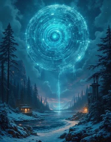 Cybernetic Style, ,valleys,,,fireflies,,,,,,,,,air,,,,snow-c... — FLUX AI Prompt: cybernetic style, ,valleys,,,fireflies,,,,,,,,,air,,,,snow-covered,,peer,serene,...