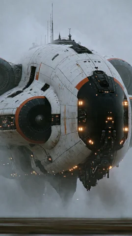 Medium Close-up, Low-angle View Of An Enormous Futuristic Sp... — Stable Diffusion AI Prompt: Medium close-up, low-angle view of an enormous futuristic spacecraft partially s...